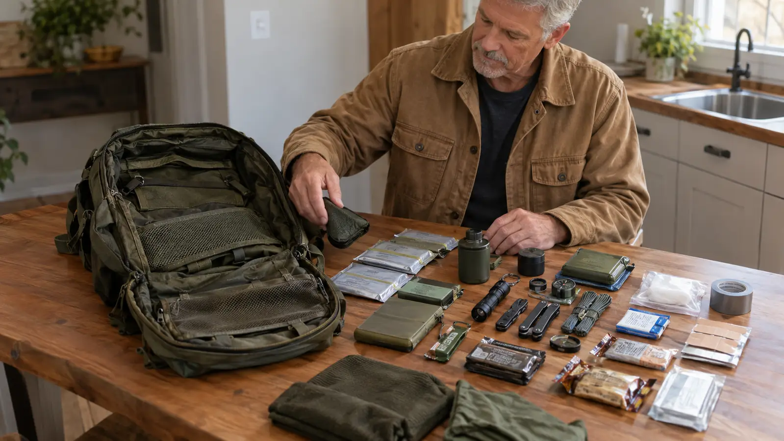 The survival backpack open on a kitchen table with its contents laid out for an annual check