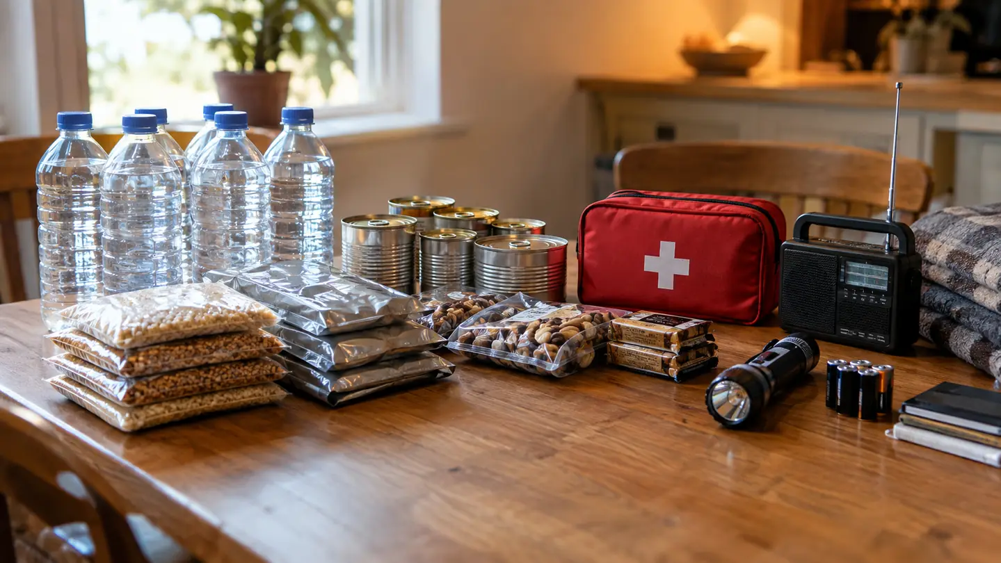 Emergency supplies arranged on a kitchen table for an annual kit refresh