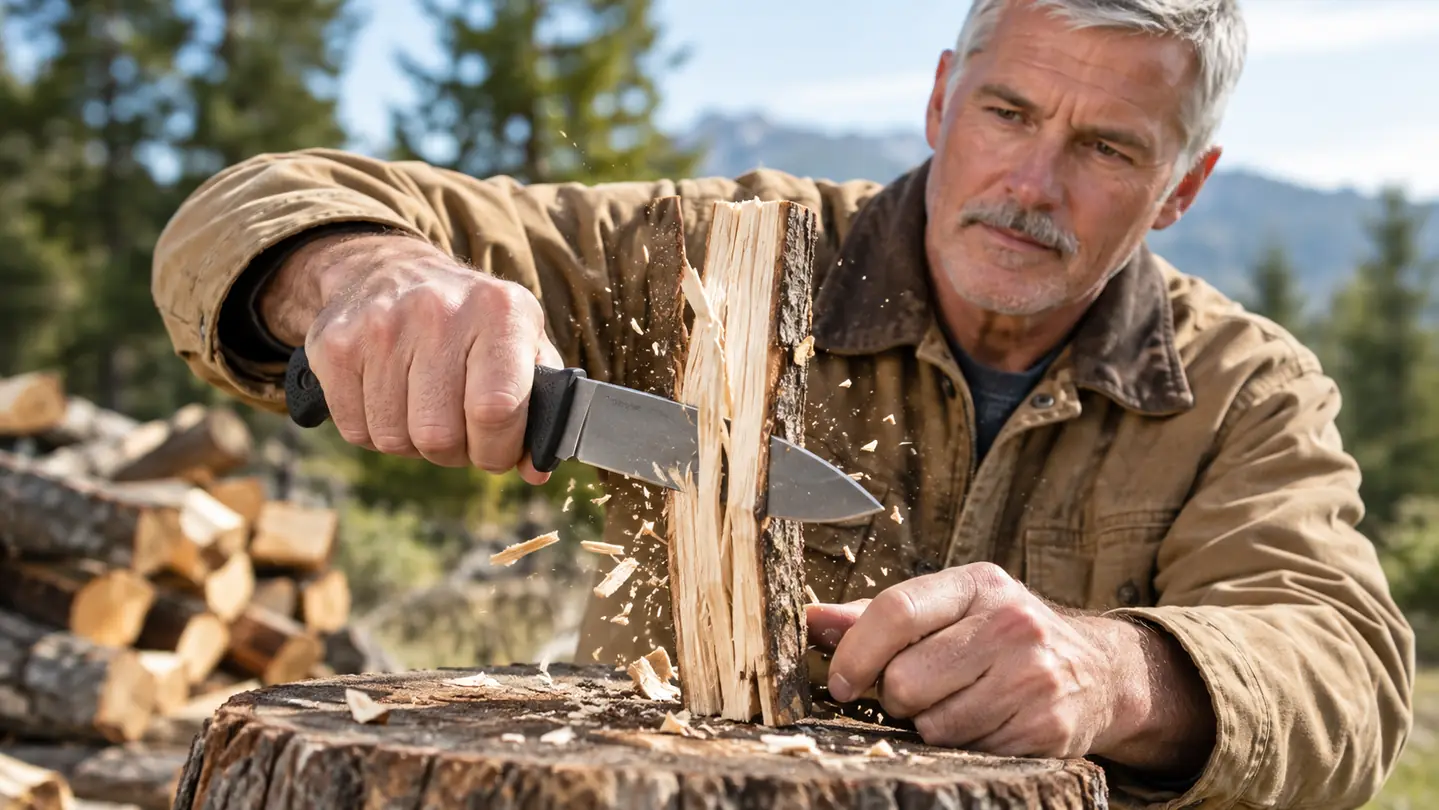 A hand gripping a fixed blade knife while splitting a piece of kindling on a stump
