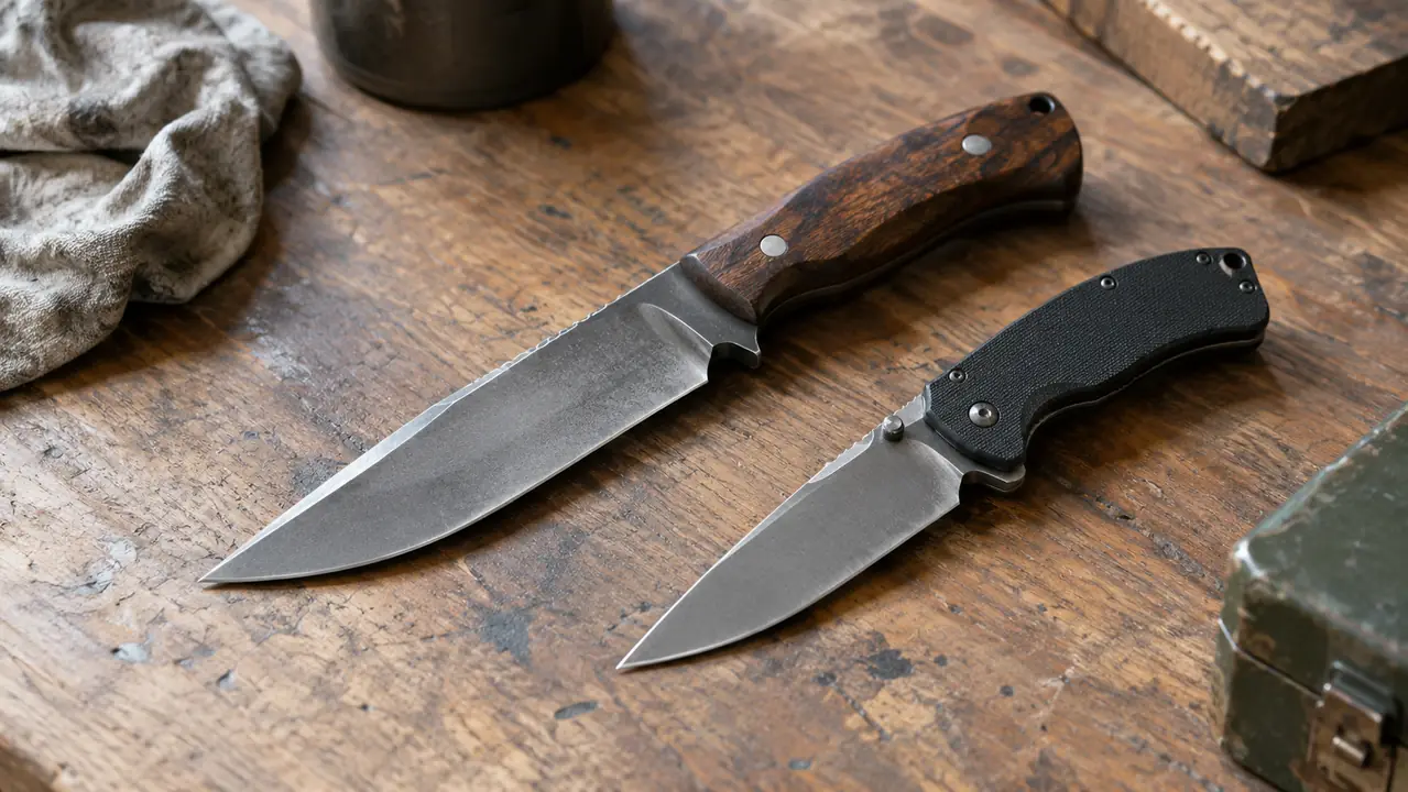 A fixed blade knife and a folding knife laid side by side on a wooden workbench
