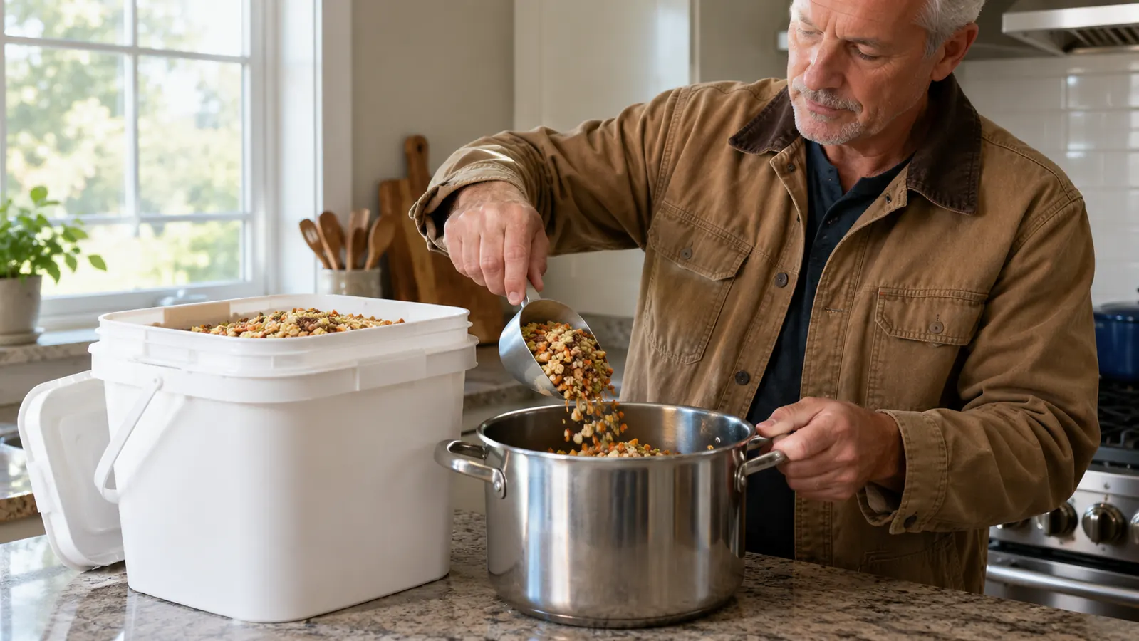 A hand scooping freeze dried food from a bucket into a cooking pot on a kitchen counter