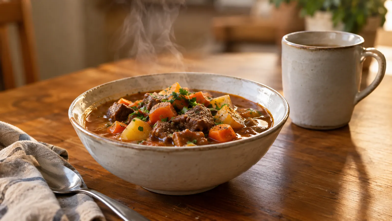 A bowl of prepared emergency food stew on a kitchen table next to a mug