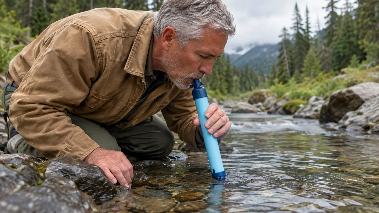 A person drinking from a mountain creek through a straw-style water filter.