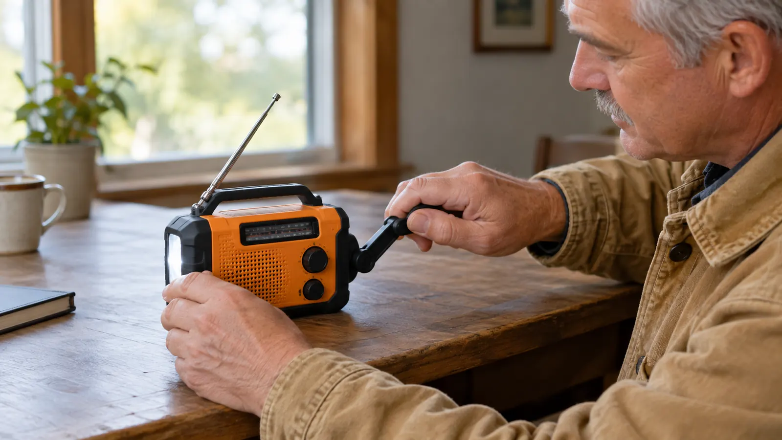 A hand turning the crank on a weather radio while the radio sits on a table