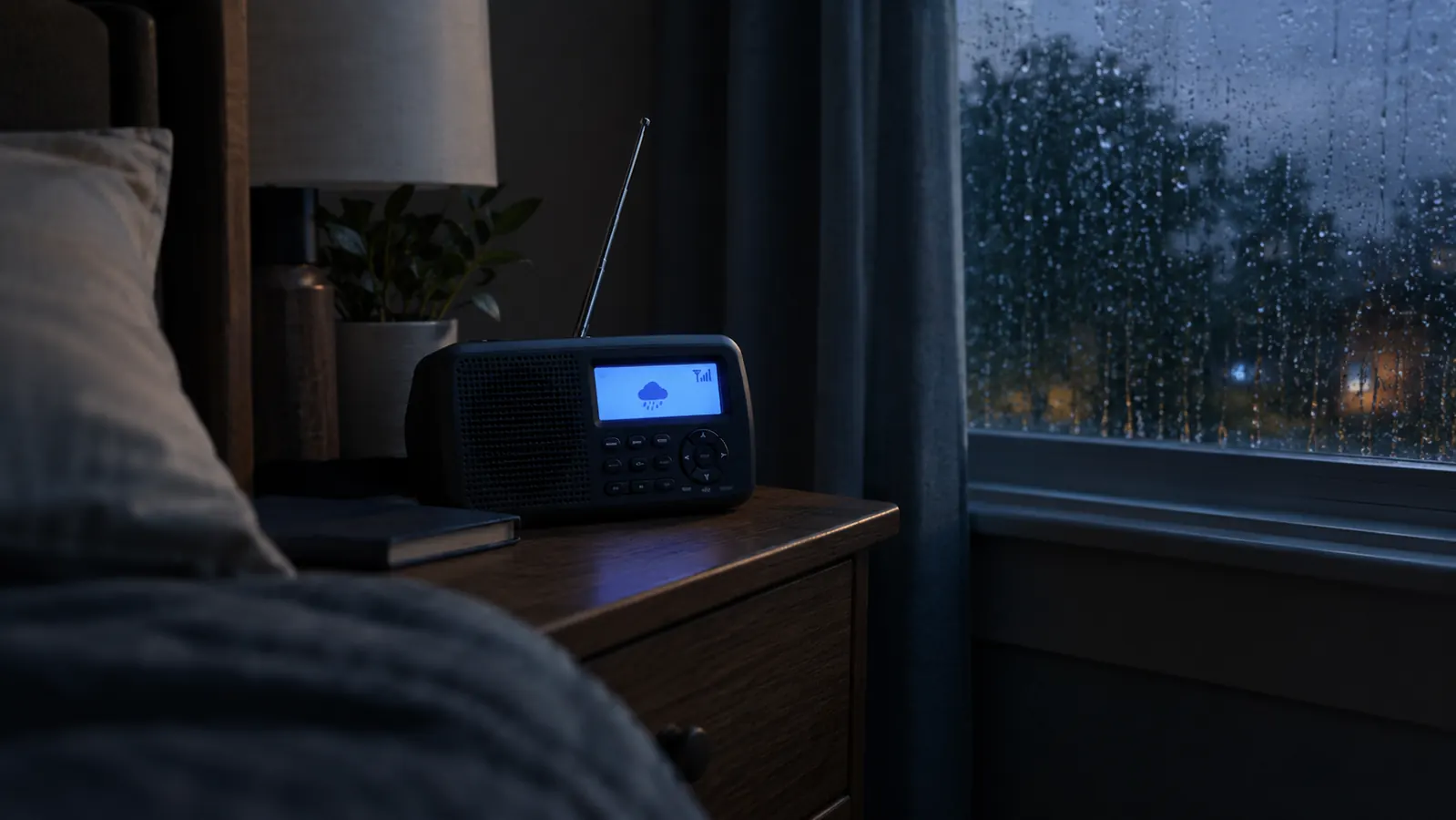 A weather radio on a nightstand glowing softly in a dark bedroom during a storm