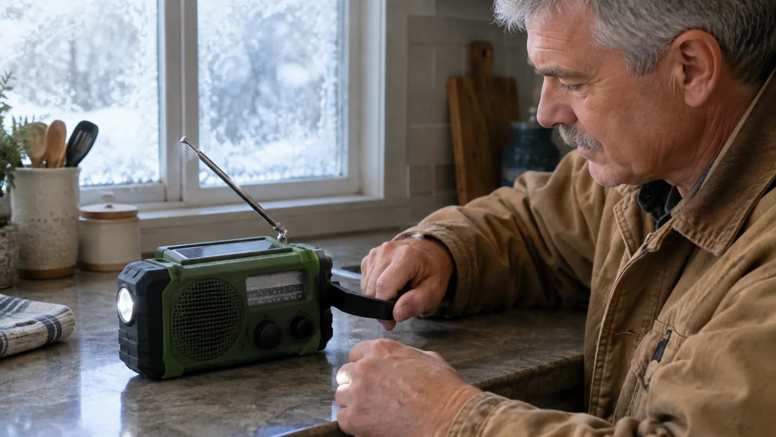 A hand turning the crank on a compact emergency weather radio on a kitchen counter.
