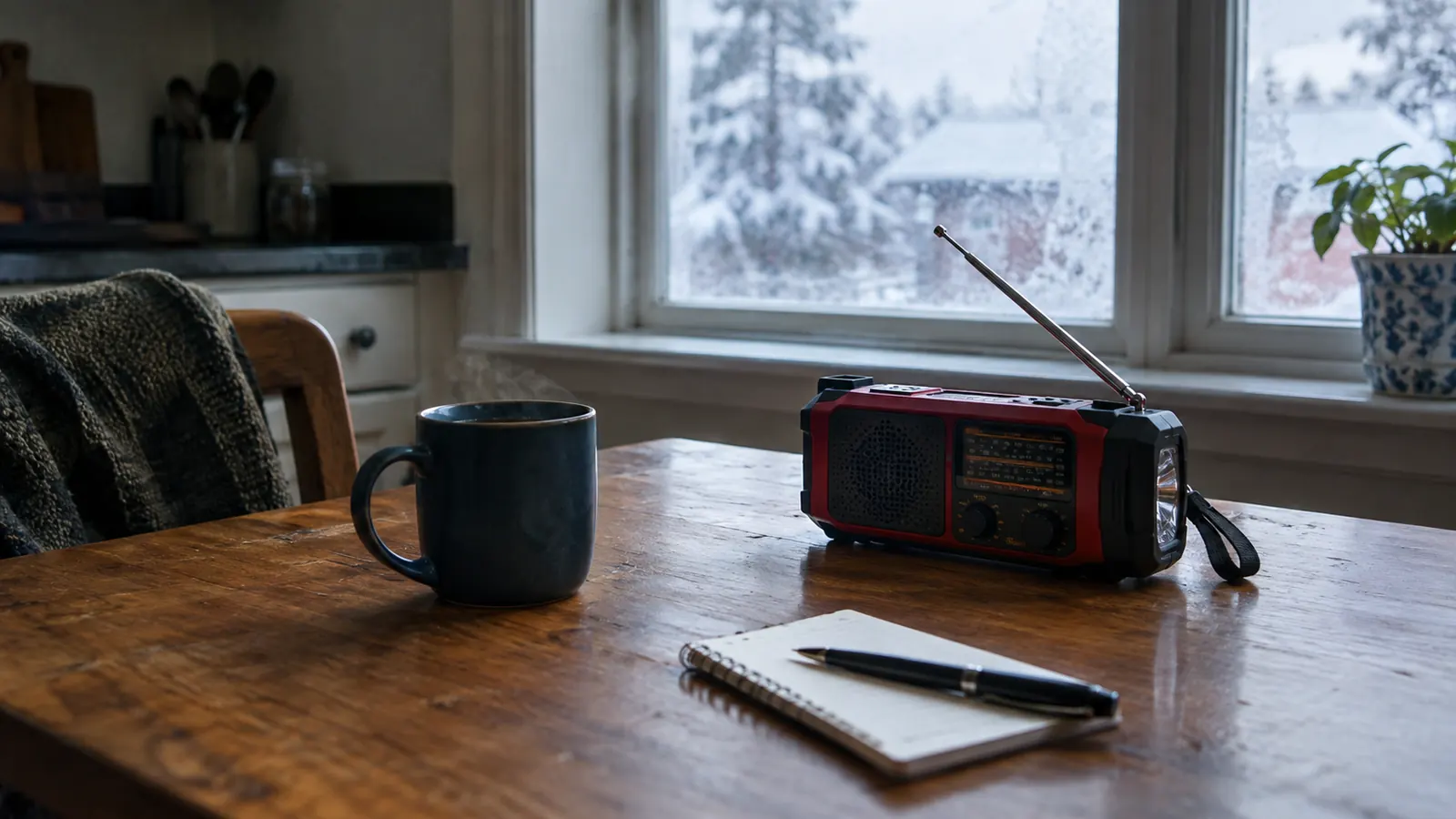 An emergency weather radio on a kitchen table beside a coffee mug, with an icy window in the background.