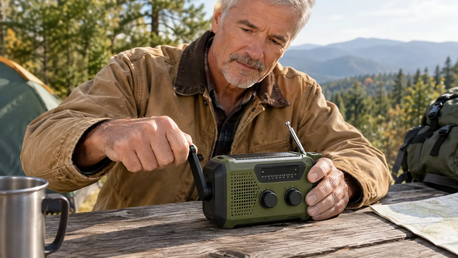 Hands turning the hand crank on the emergency weather radio at a campsite table