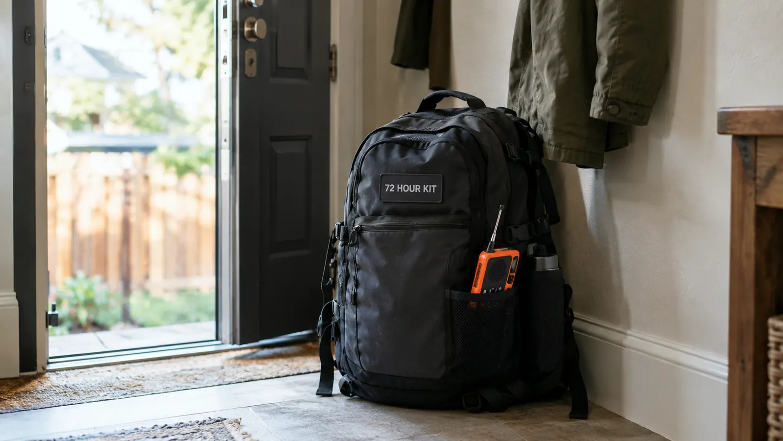 72-hour kit bag by a back door with the emergency weather radio tucked into an outer pocket