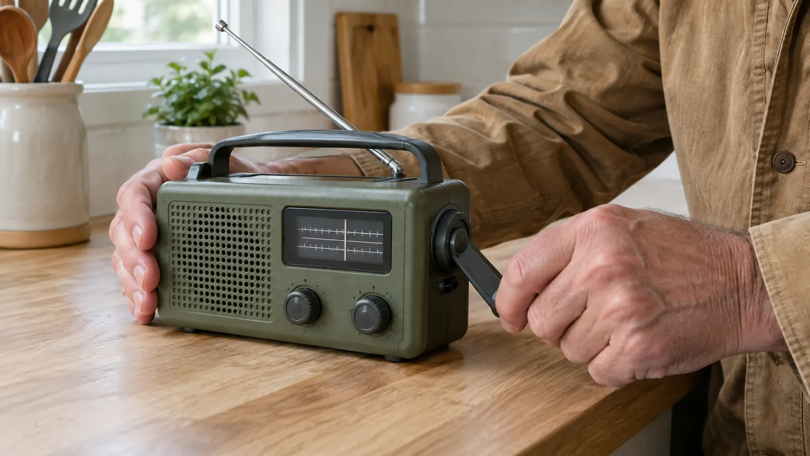 A hand turning the crank of an emergency weather radio on a kitchen counter