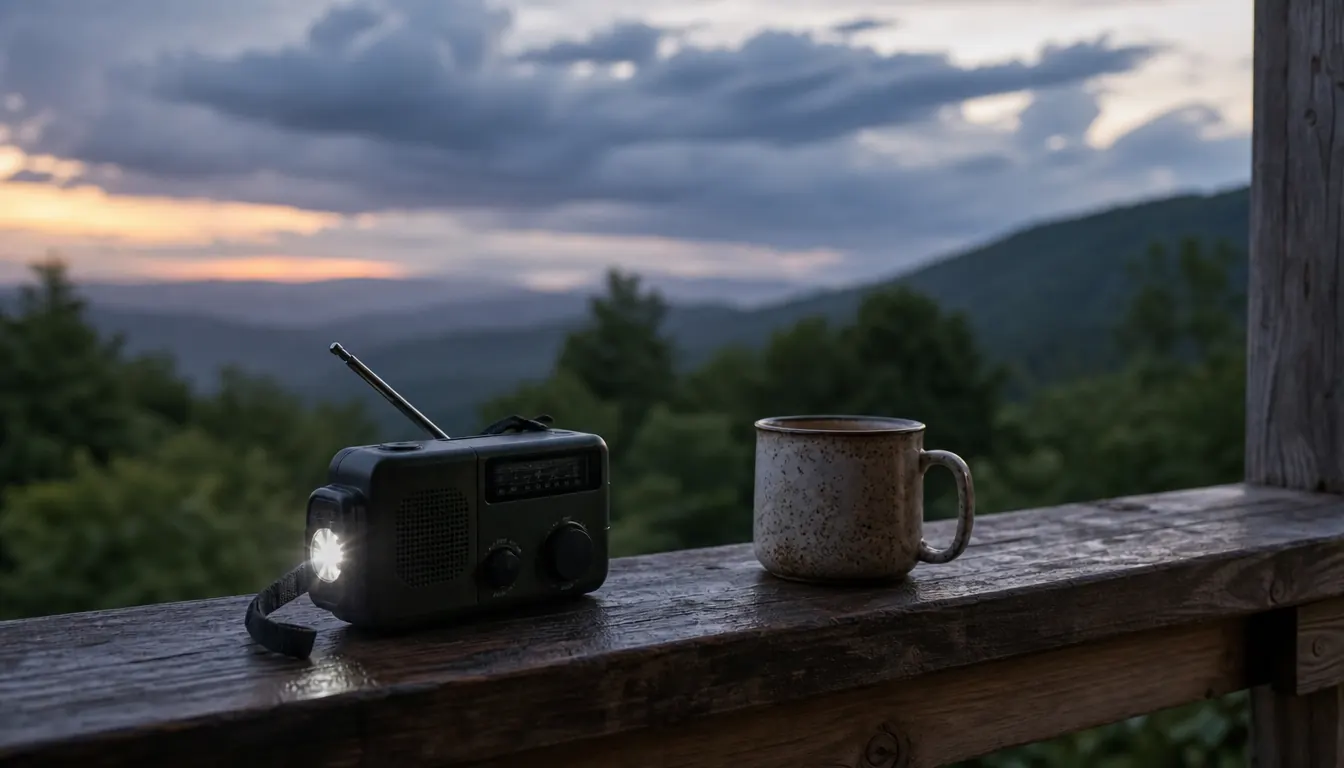 A small emergency radio on a porch rail at dusk as storm clouds clear