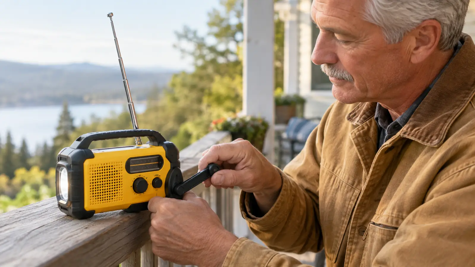 A hand turning the crank handle on the emergency weather radio while the telescoping antenna is extended, outdoors on a porch railing in soft morning light.
