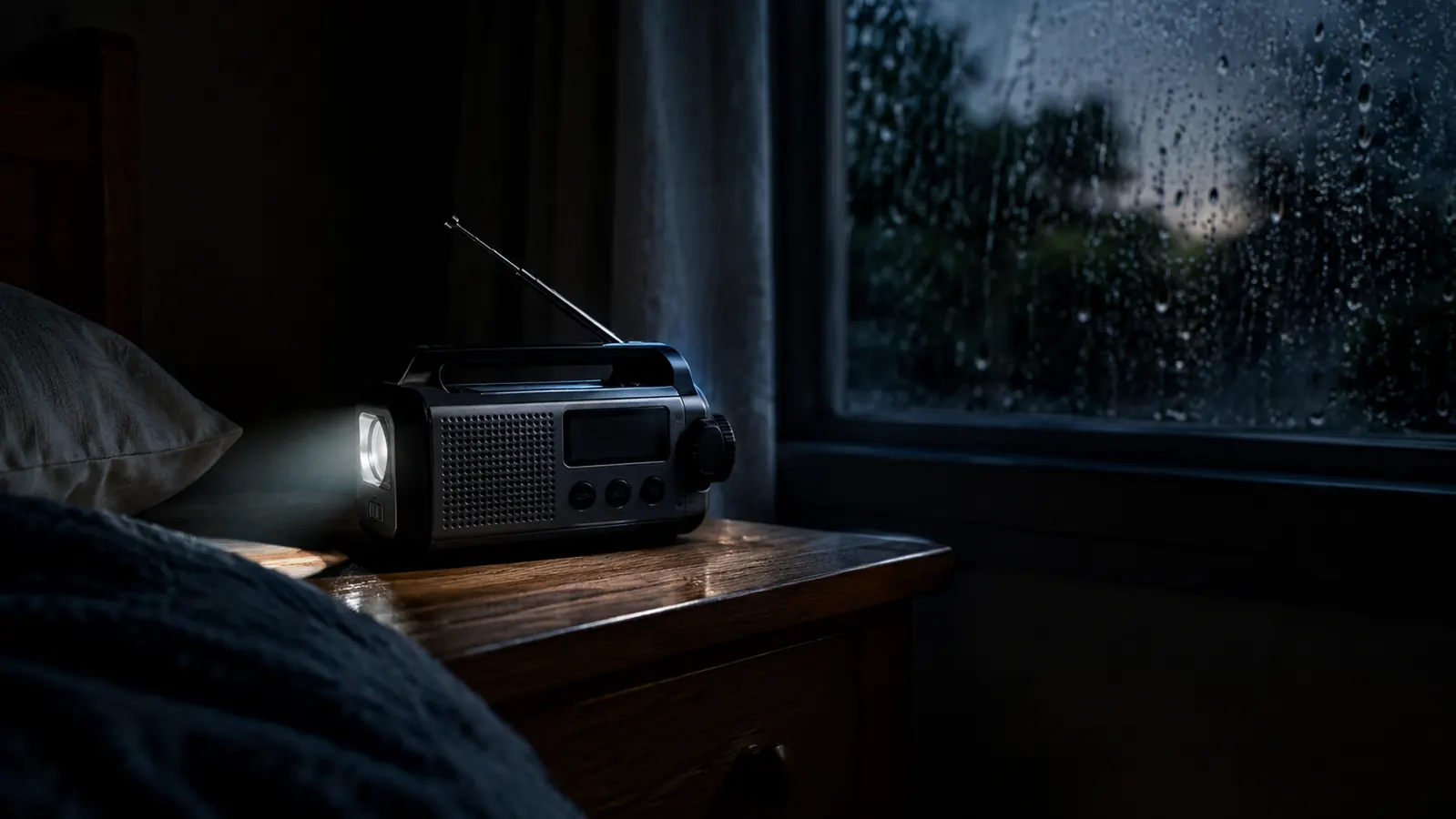 The emergency weather radio on a nightstand in a dark room, lit by a small flashlight, with rain streaking a window in the background.