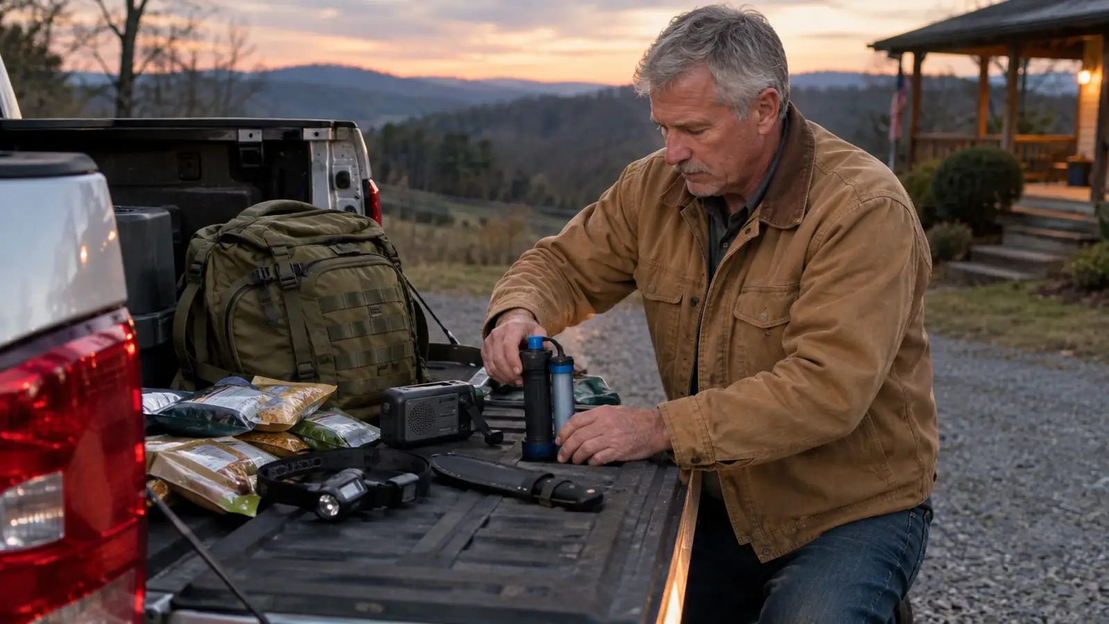 A man in his late fifties sorting an emergency kit on the tailgate of a pickup truck at dusk