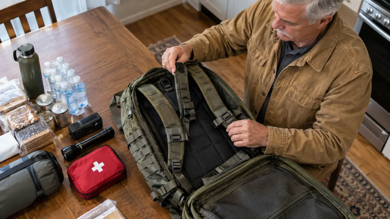 Hands adjusting the shoulder straps of an emergency backpack laid open on a kitchen table with gear spread around it