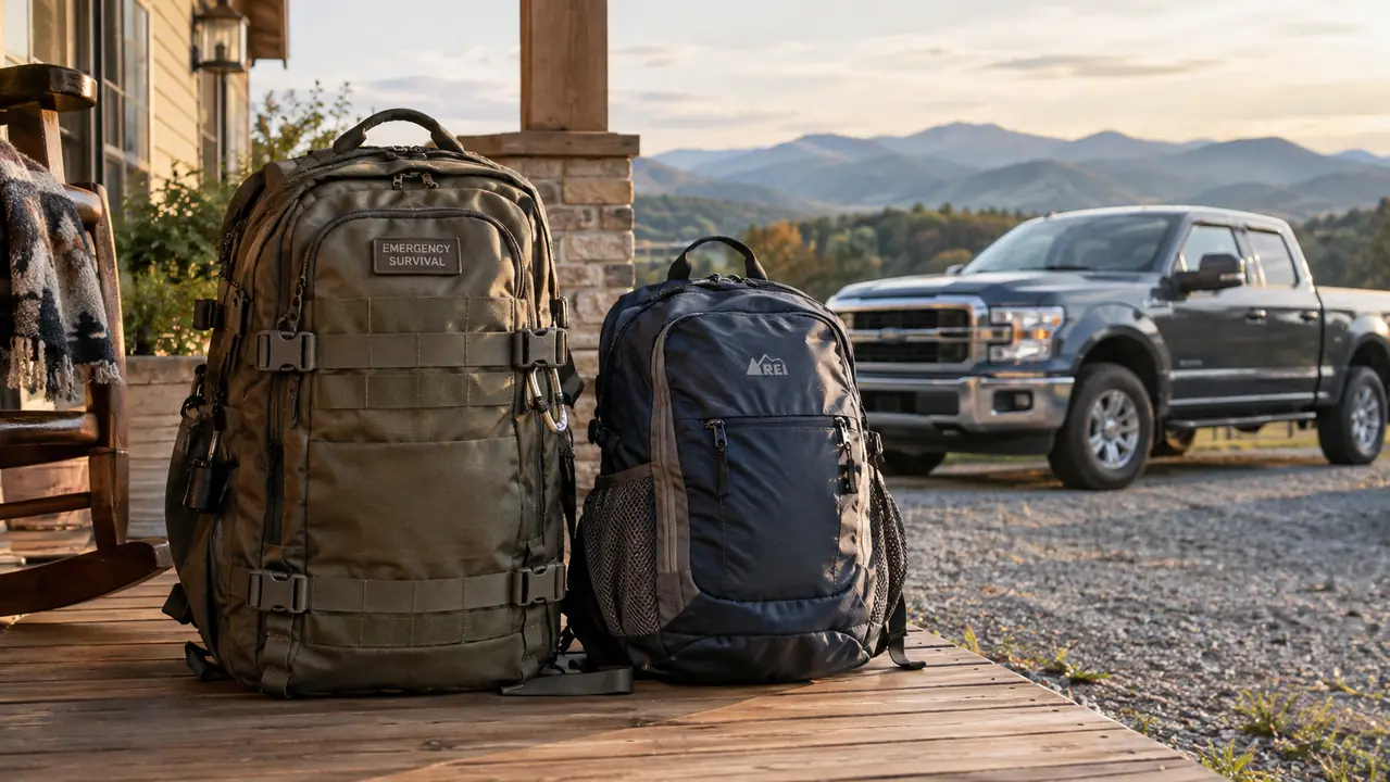 An emergency backpack and a small daypack standing side by side on a porch, with a pickup truck in the driveway behind them