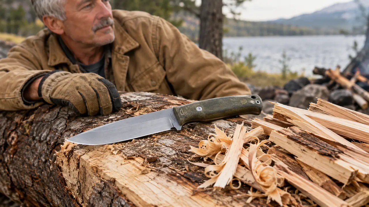 A gloved hand tapping the spine of a fixed blade knife with a short wooden baton, the blade seated in the end grain of a log on a stump
