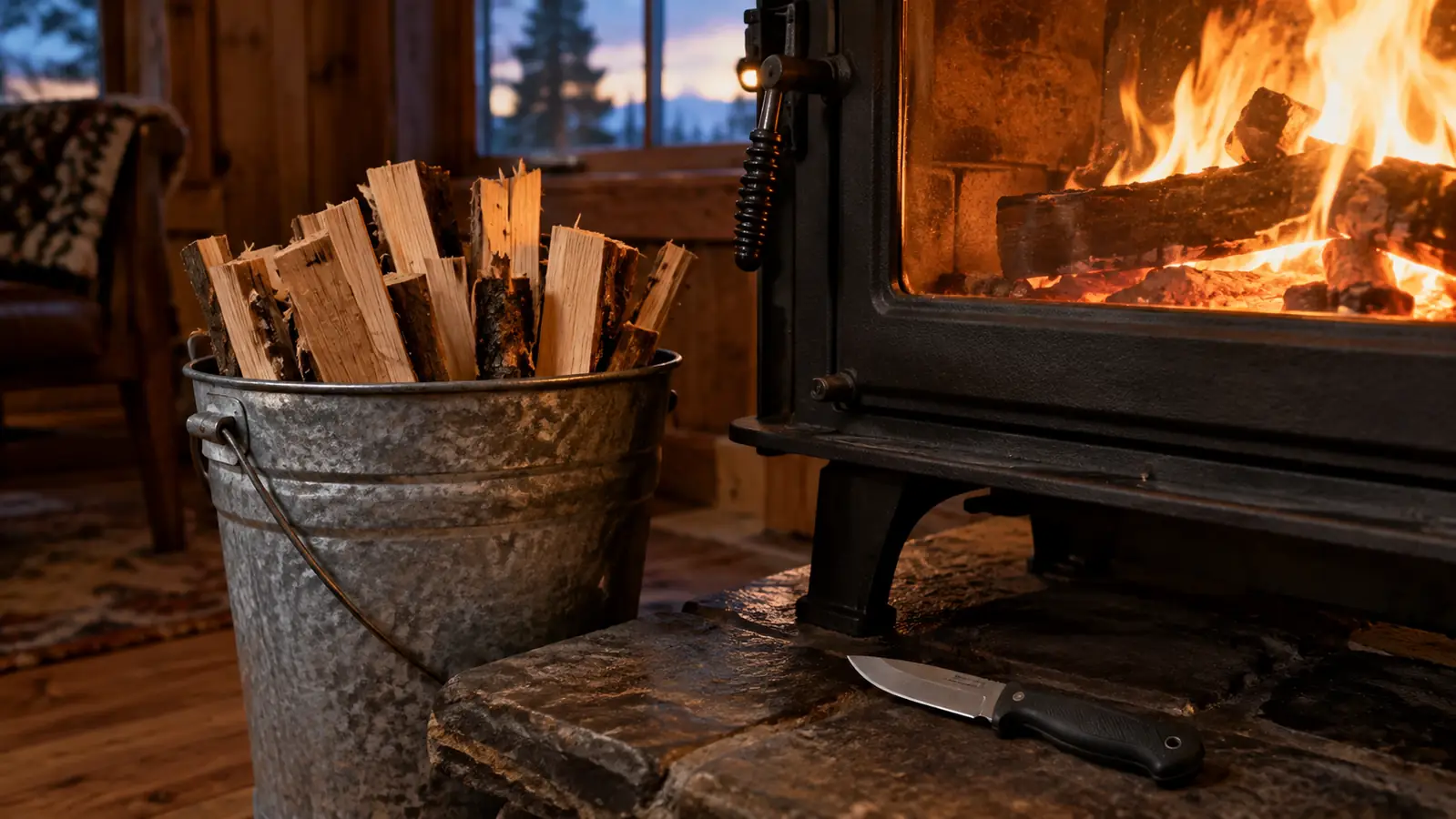 A galvanized bucket full of split kindling beside a wood stove, a fixed blade knife with a molded handle resting on the hearth in warm firelight