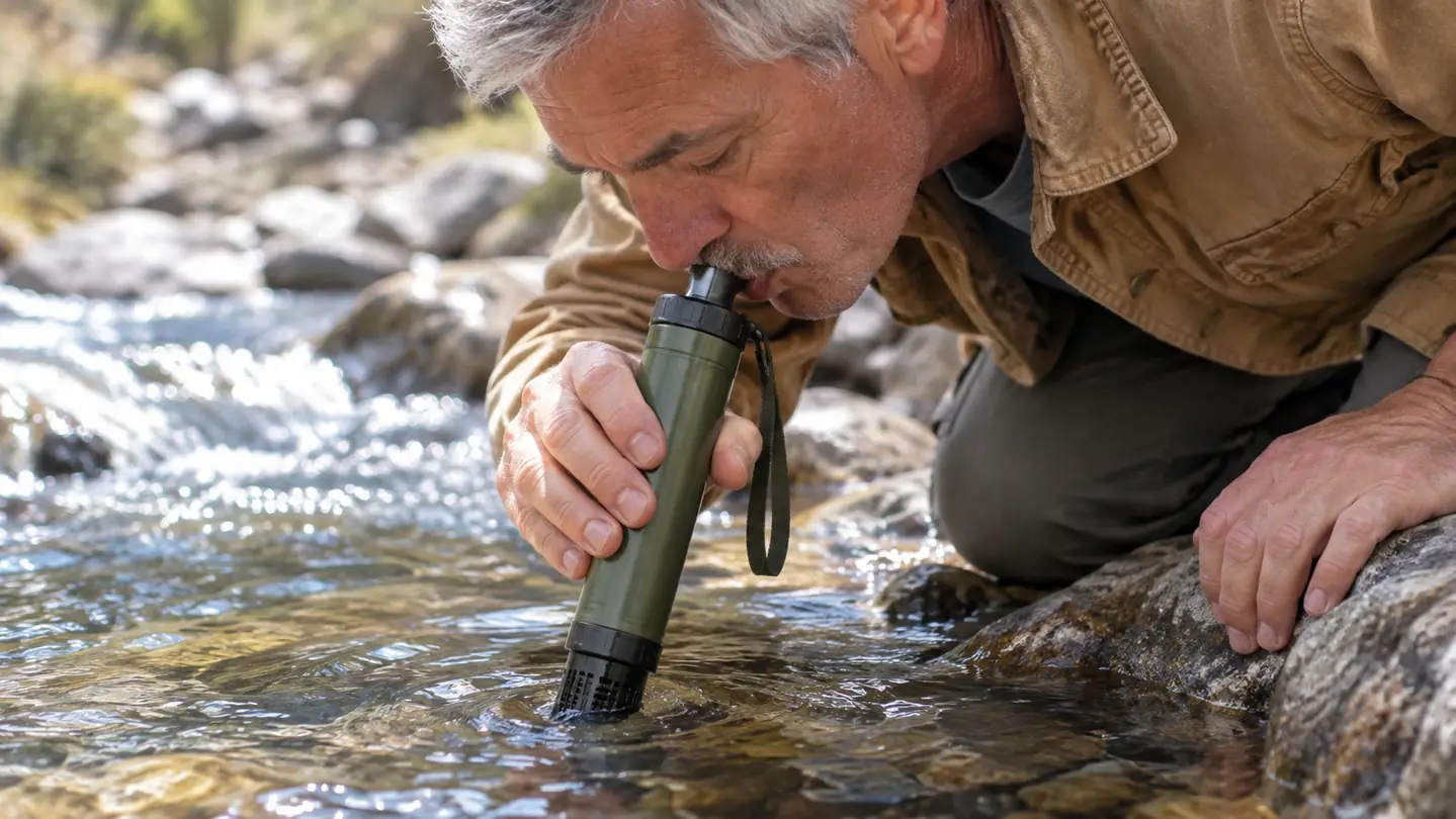 A hand holding the water filter in a creek, with the intake end submerged in the stream while the person drinks from the mouthpiece