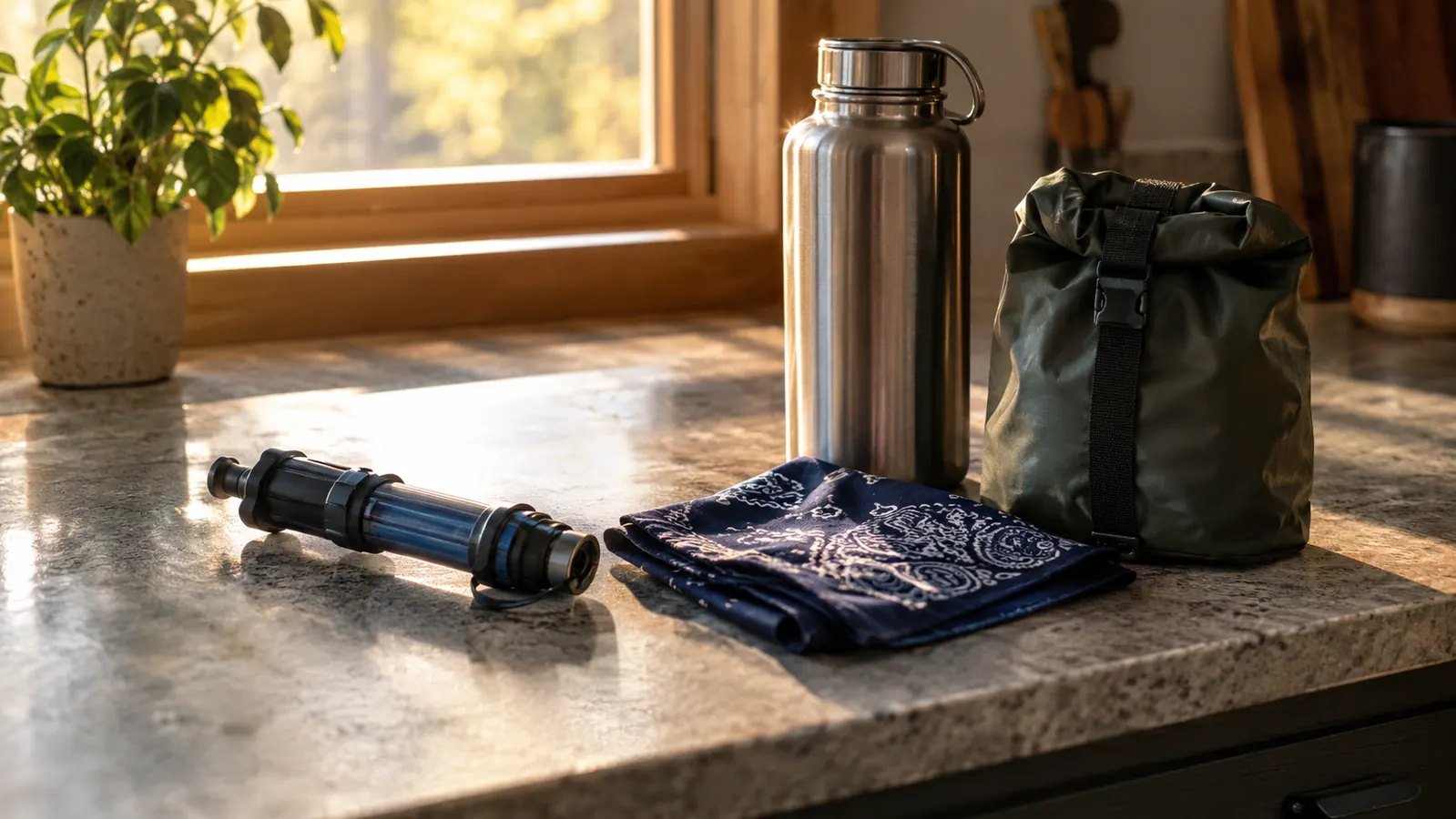 The water filter drying on a kitchen counter after a trip, beside a folded bandana, a water bottle, and a dry bag