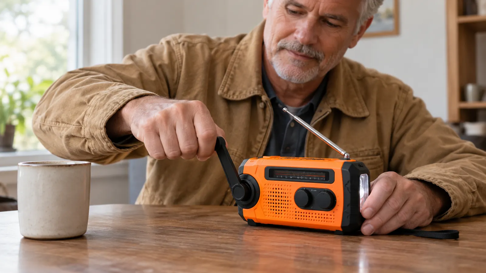 A hand resting on the crank of an emergency radio while the other hand turns the dial, on a table with a coffee mug nearby