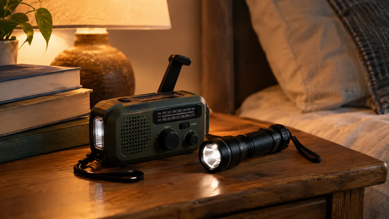 A hand crank emergency radio and a flashlight on a nightstand beside a stack of books, warm evening light