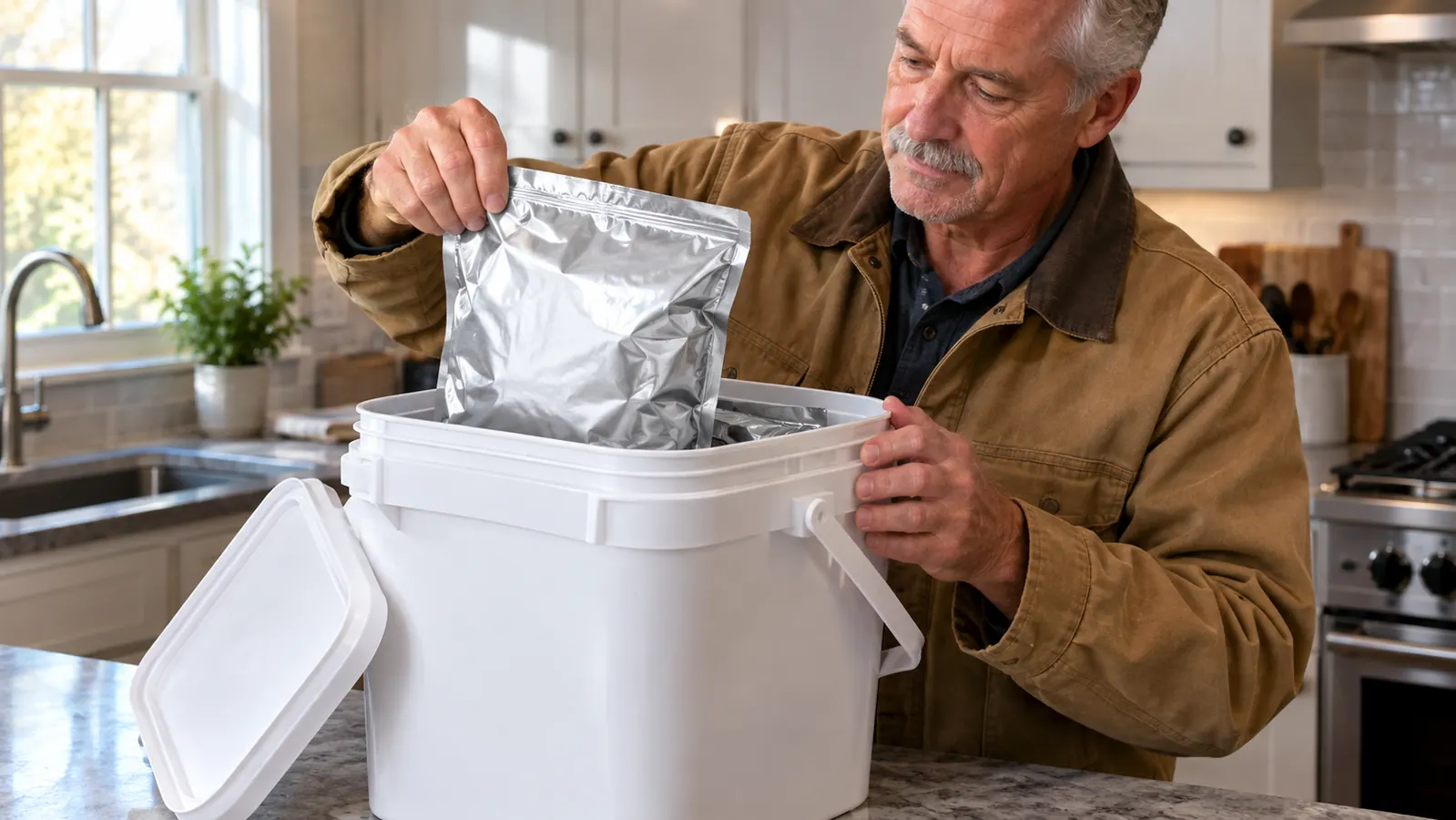 Hands lifting a mylar pouch from an open emergency food bucket on a kitchen counter