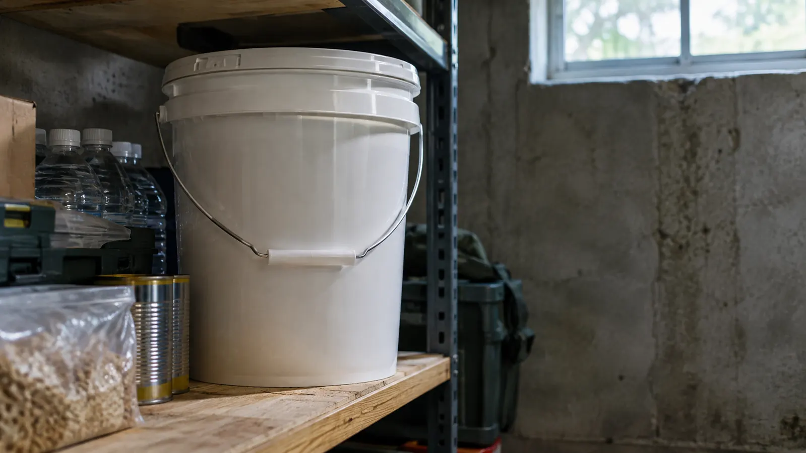 An emergency food bucket sitting on a sturdy shelf three feet off a basement floor