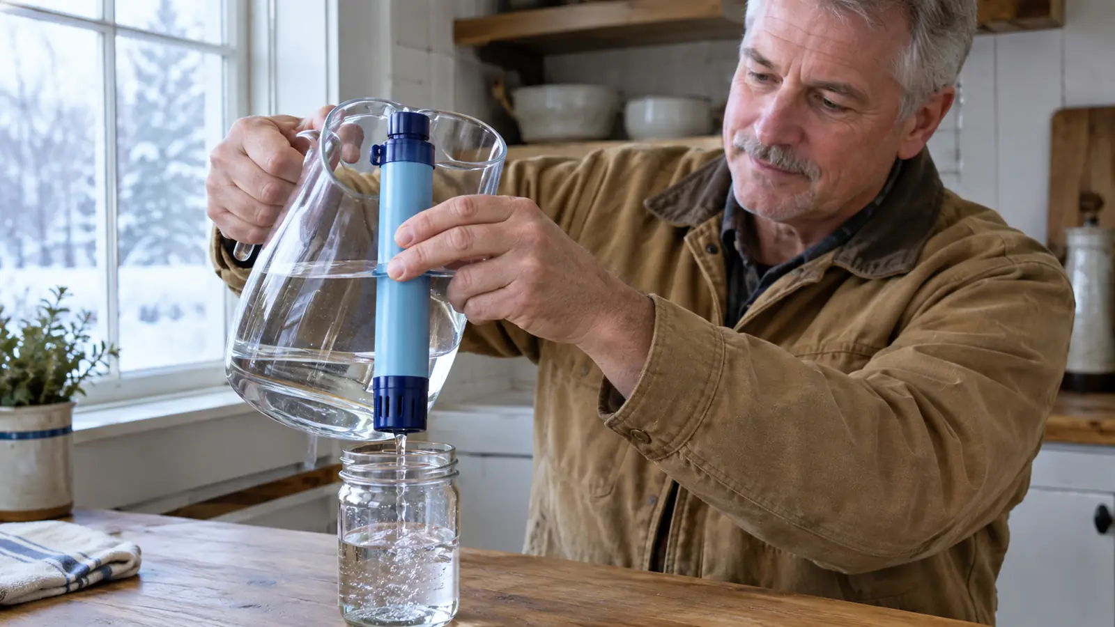 A hand holding the LifeStraw personal water filter over a glass jar on a kitchen counter, filling the jar from a water jug