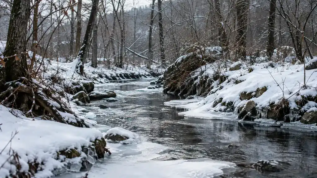 A frozen creek winding between snow-covered banks in winter woods, ice along the edges
