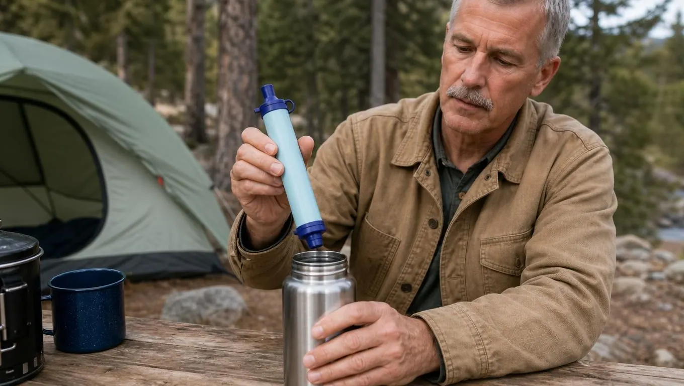 A hand holding a water filter above an open stainless steel water bottle at a camp table