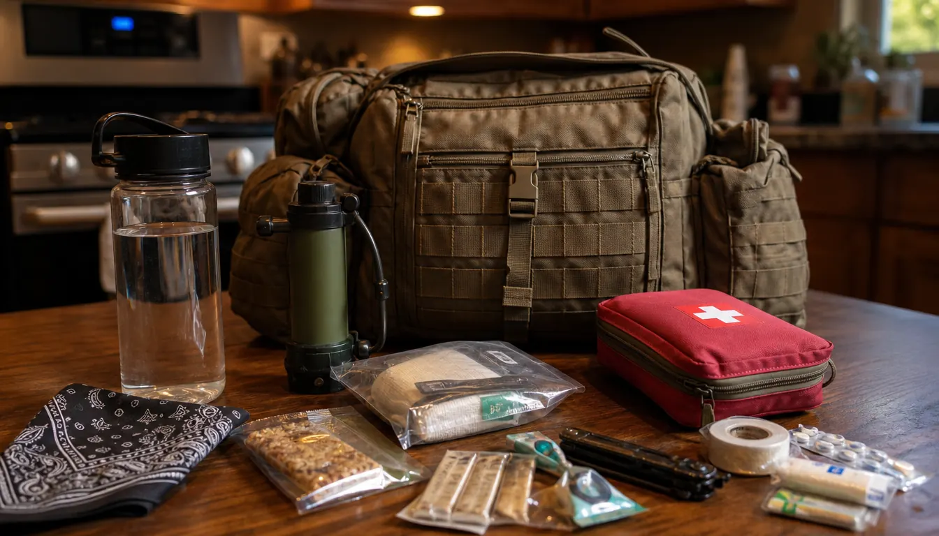 An open 72-hour emergency kit on a kitchen table with a water filter, a wide-mouth bottle, and a small first aid pouch
