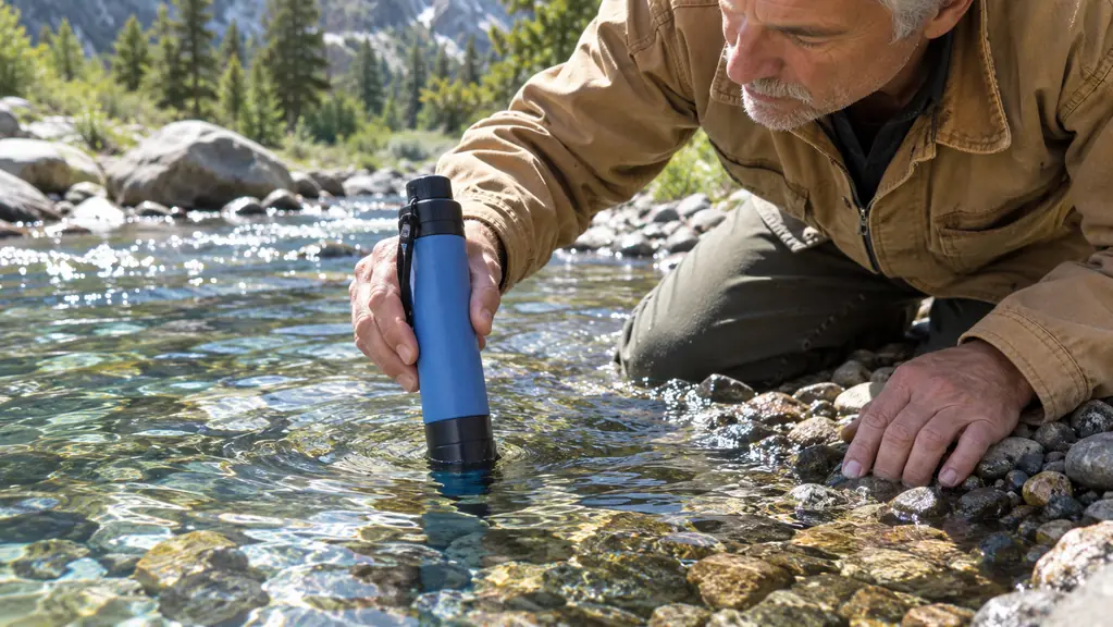 hand submerging a personal water filter in a clear mountain stream beside a rocky bank
