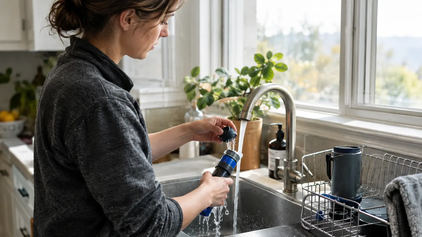 person blowing through one end of a personal water filter over a kitchen sink to clear the membrane