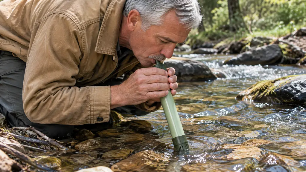 A person kneeling at a creek bank drinking directly through a handheld water filter straw
