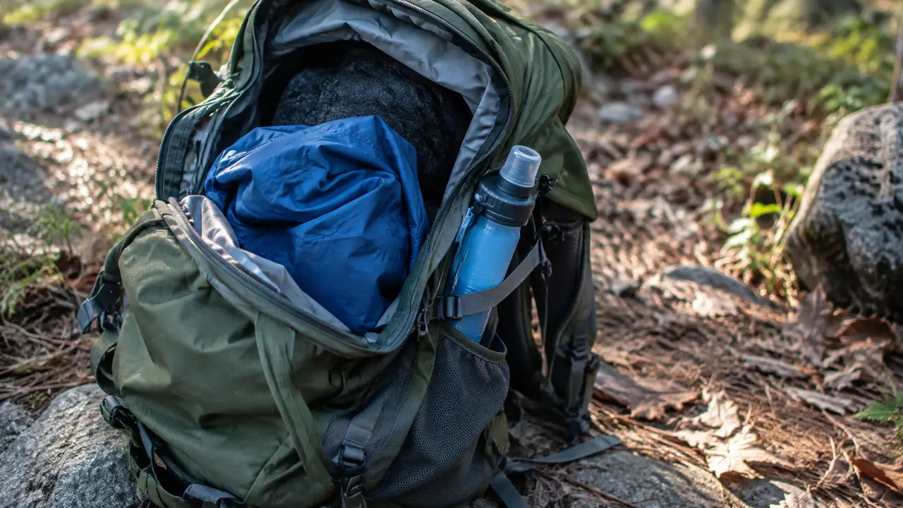 An open hiking pack on a trail with a handheld water filter straw tucked into the side pocket beside a folded rain jacket