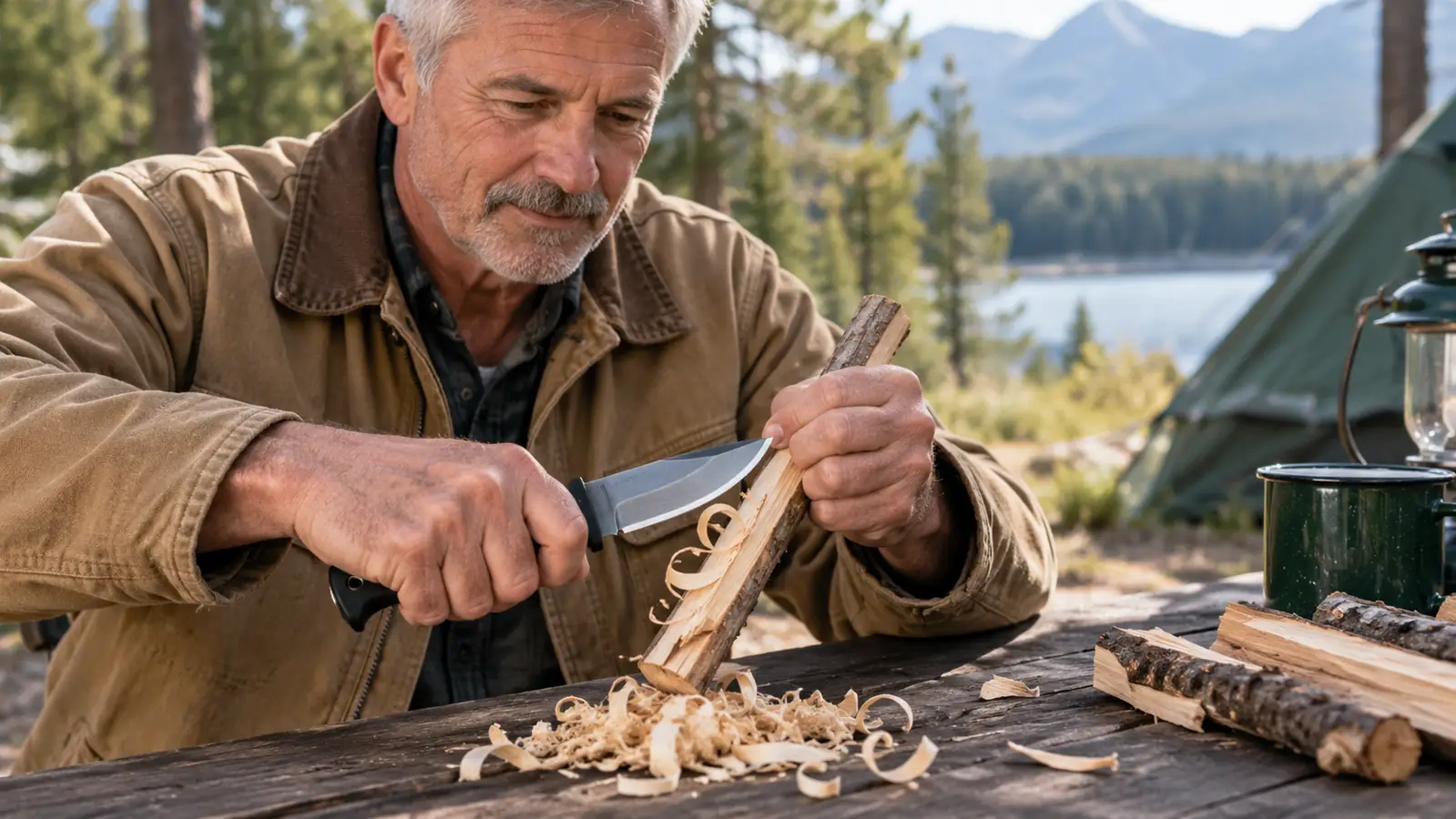 A hand using a fixed blade knife to shave curls from a piece of kindling over a camp table