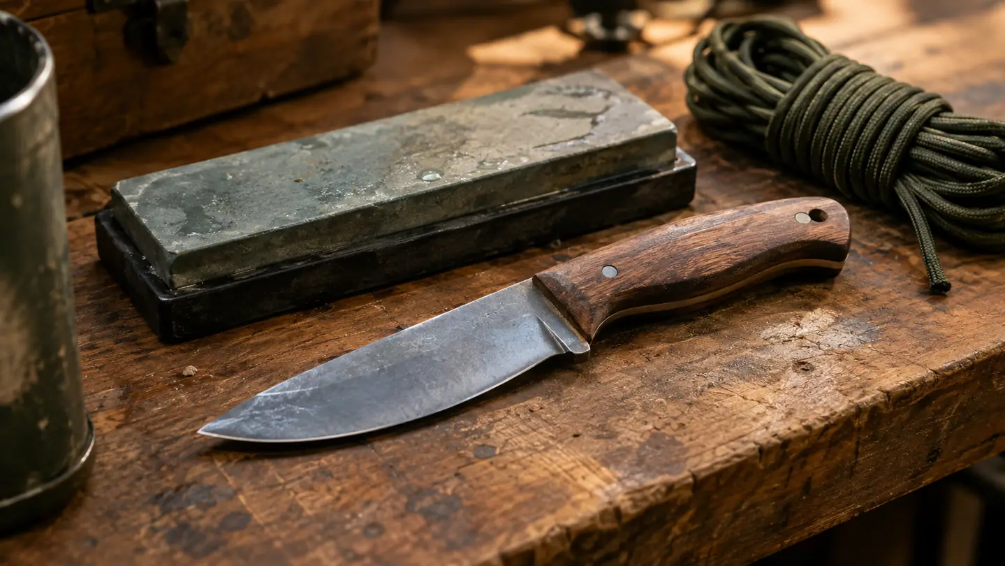 A knife with a straight blade and a textured handle lying on a worn workbench next to a whetstone