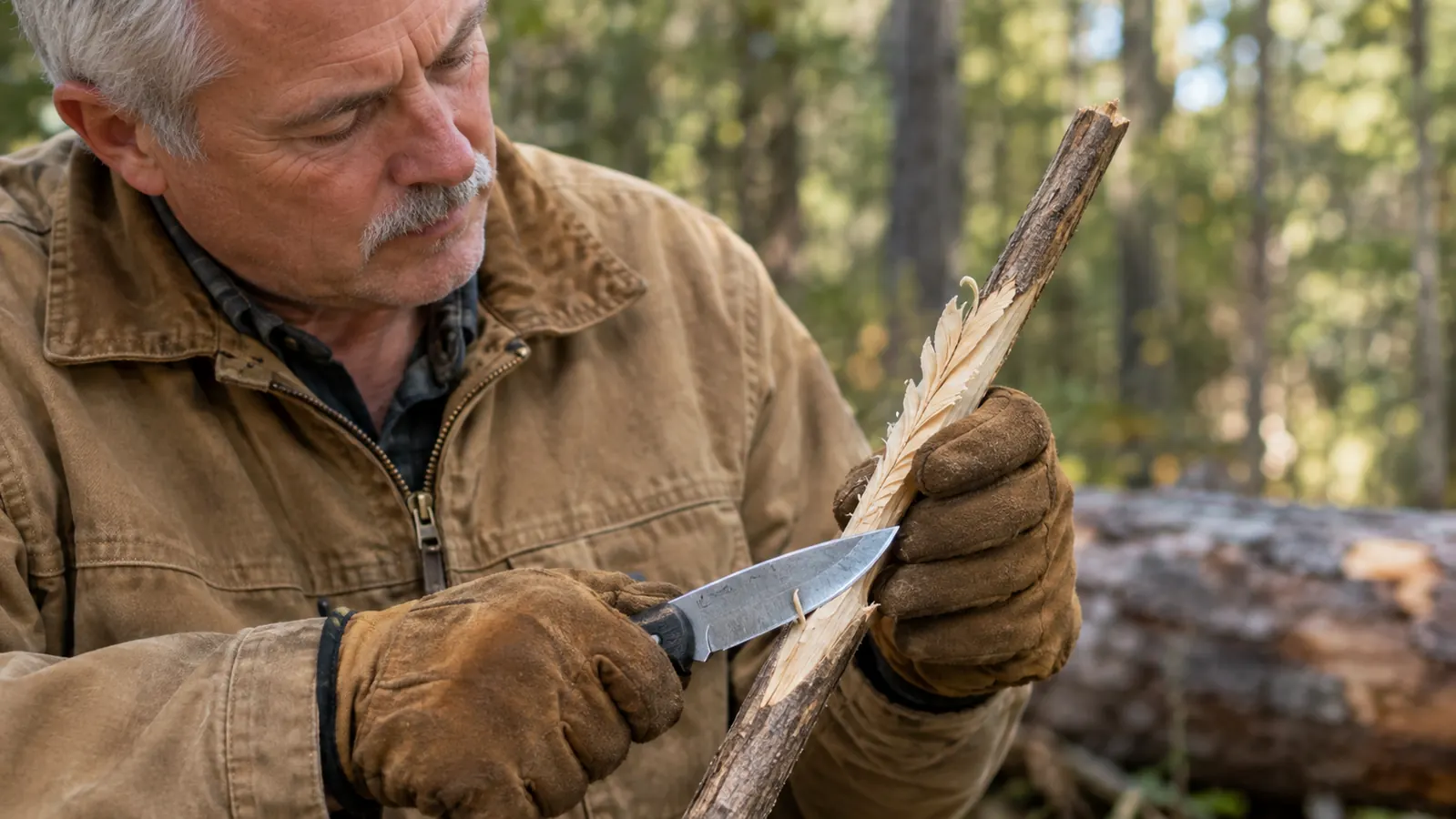 A hand in a brown work glove using a fixed blade knife to carve a feather stick from a piece of dry wood