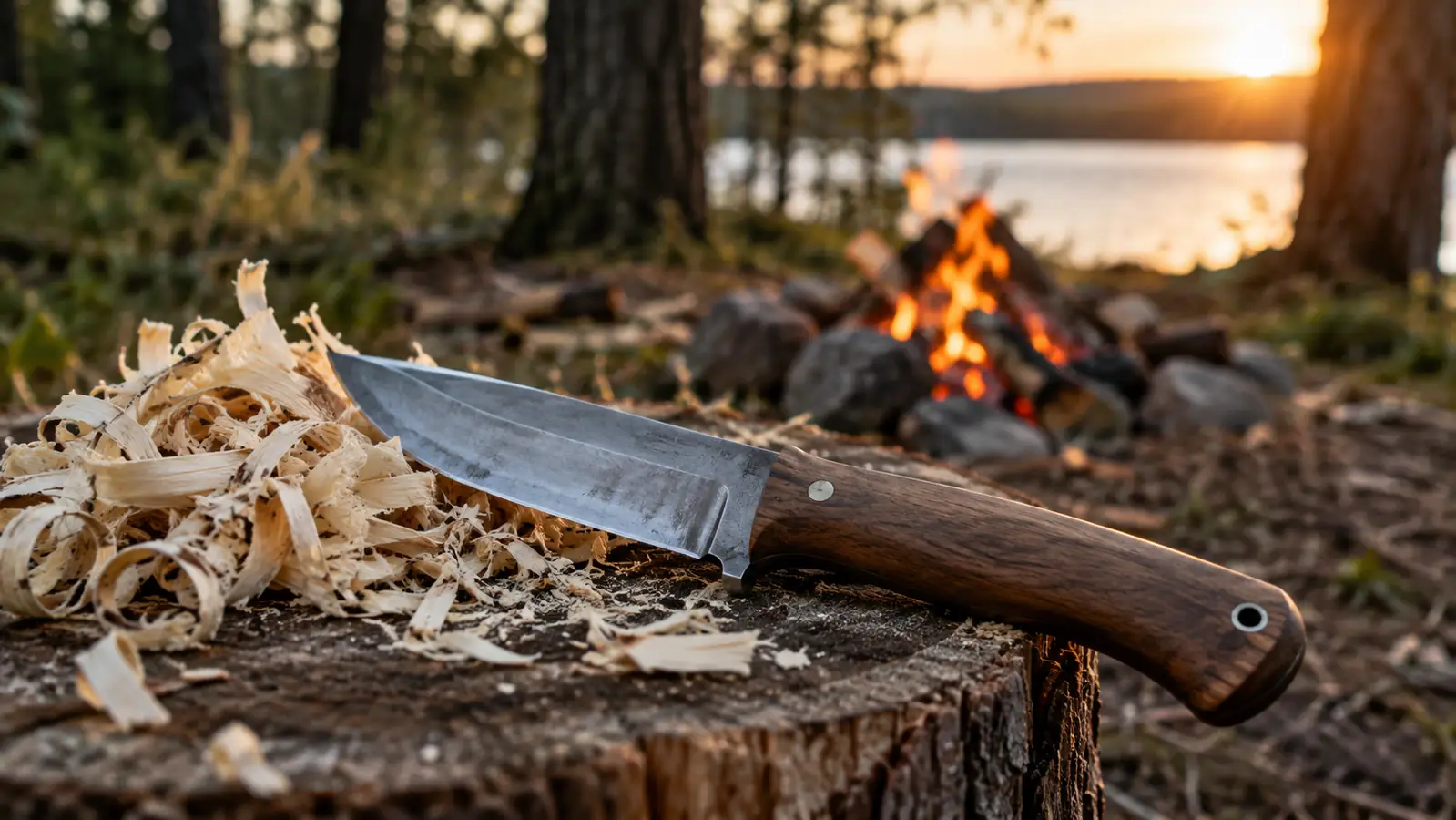 A fixed blade knife resting on a cut stump beside a pile of pale wood shavings, with a small campfire glowing in the background