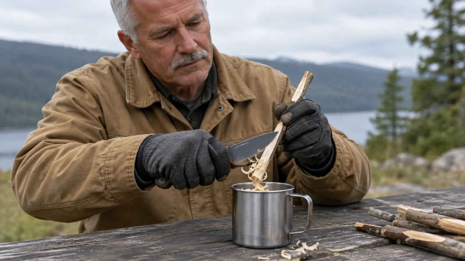 A gloved hand using a fixed blade knife to shave curls from a stick over a stainless camp mug