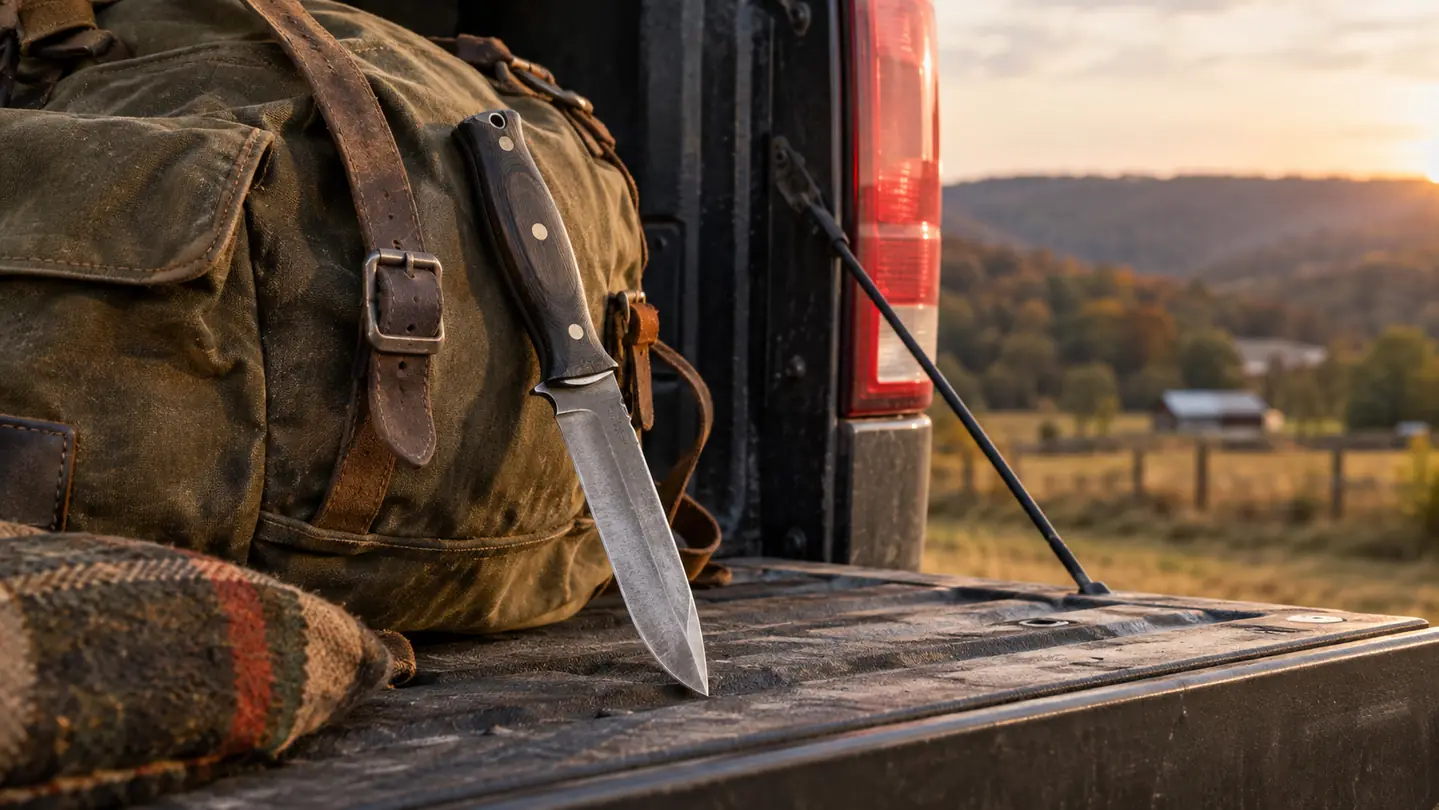 A fixed blade knife leaning against a truck tailgate beside a canvas pack