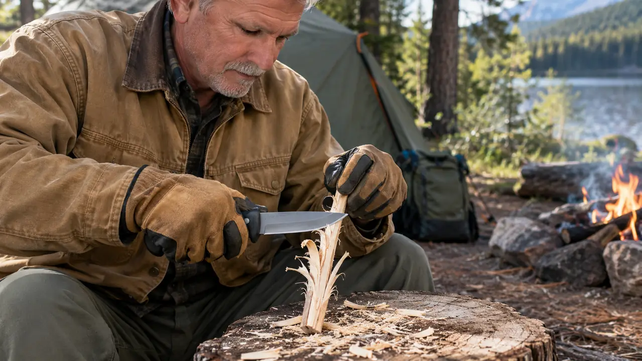 A gloved hand using the knife to carve a feather stick on a stump at a campsite