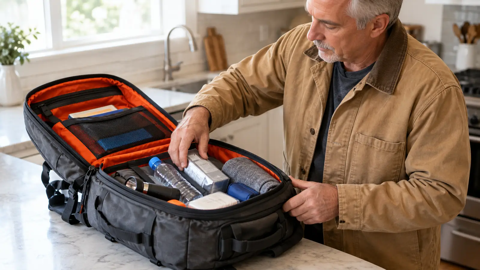 A hand checking the contents of an open emergency backpack on a kitchen counter