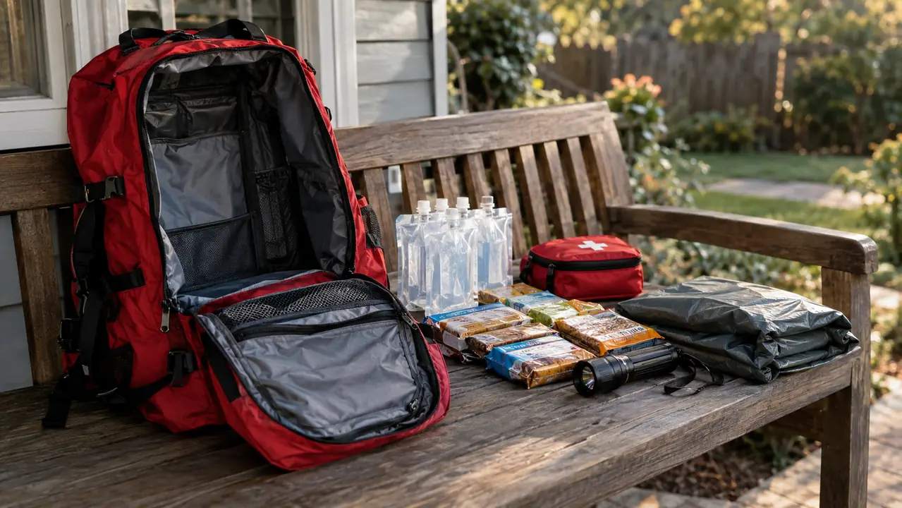 An open emergency backpack on a porch bench with its contents laid out beside it