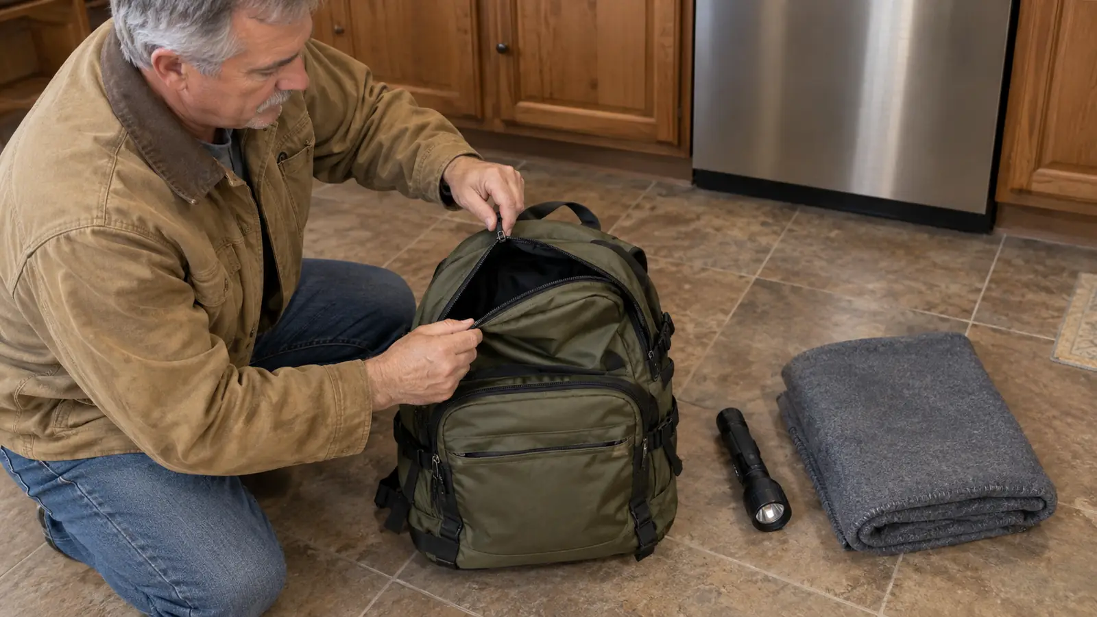 A hand unzipping the main compartment of an emergency backpack on a kitchen floor, with a flashlight and a folded blanket beside it