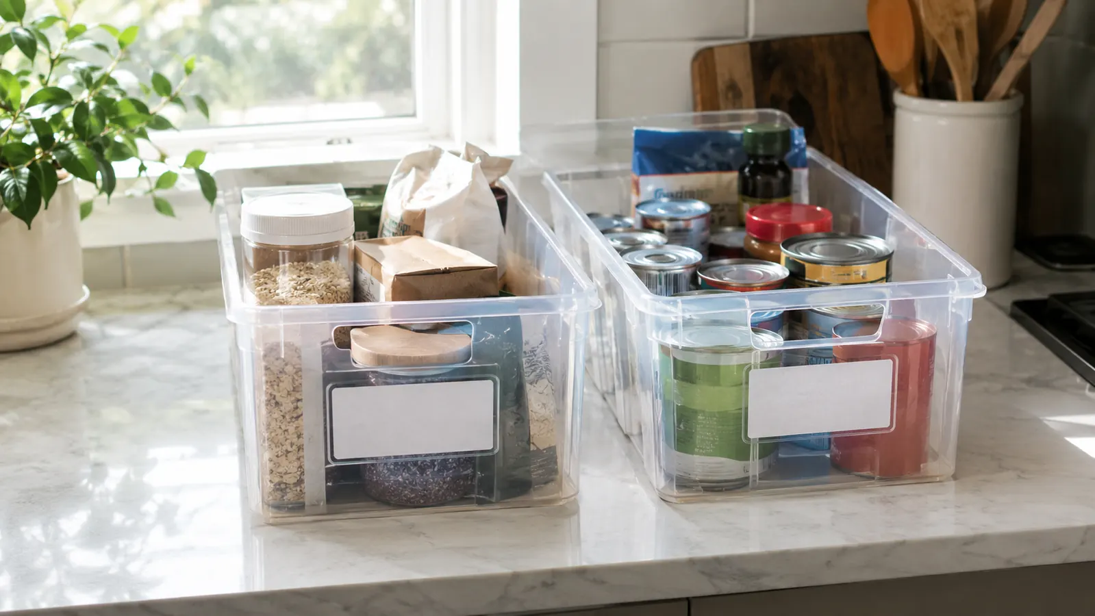 A kitchen counter with two organized plastic bins labeled for food, water, and first aid supplies