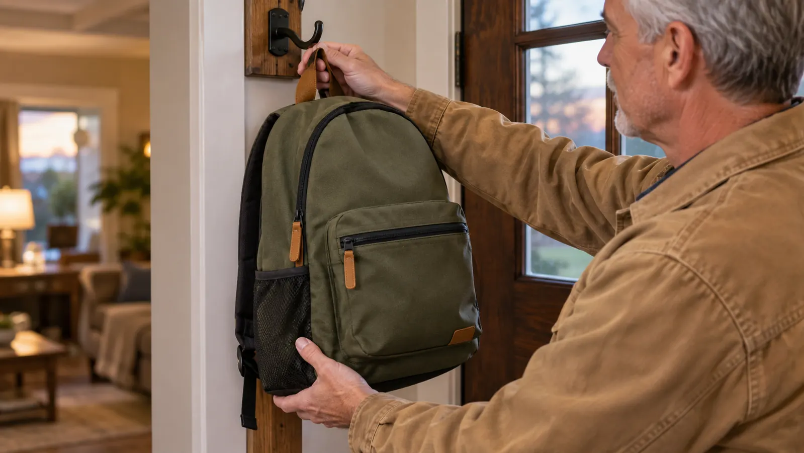 A hand lifting the backpack off a hook by the back door, kitchen blurred in the background.