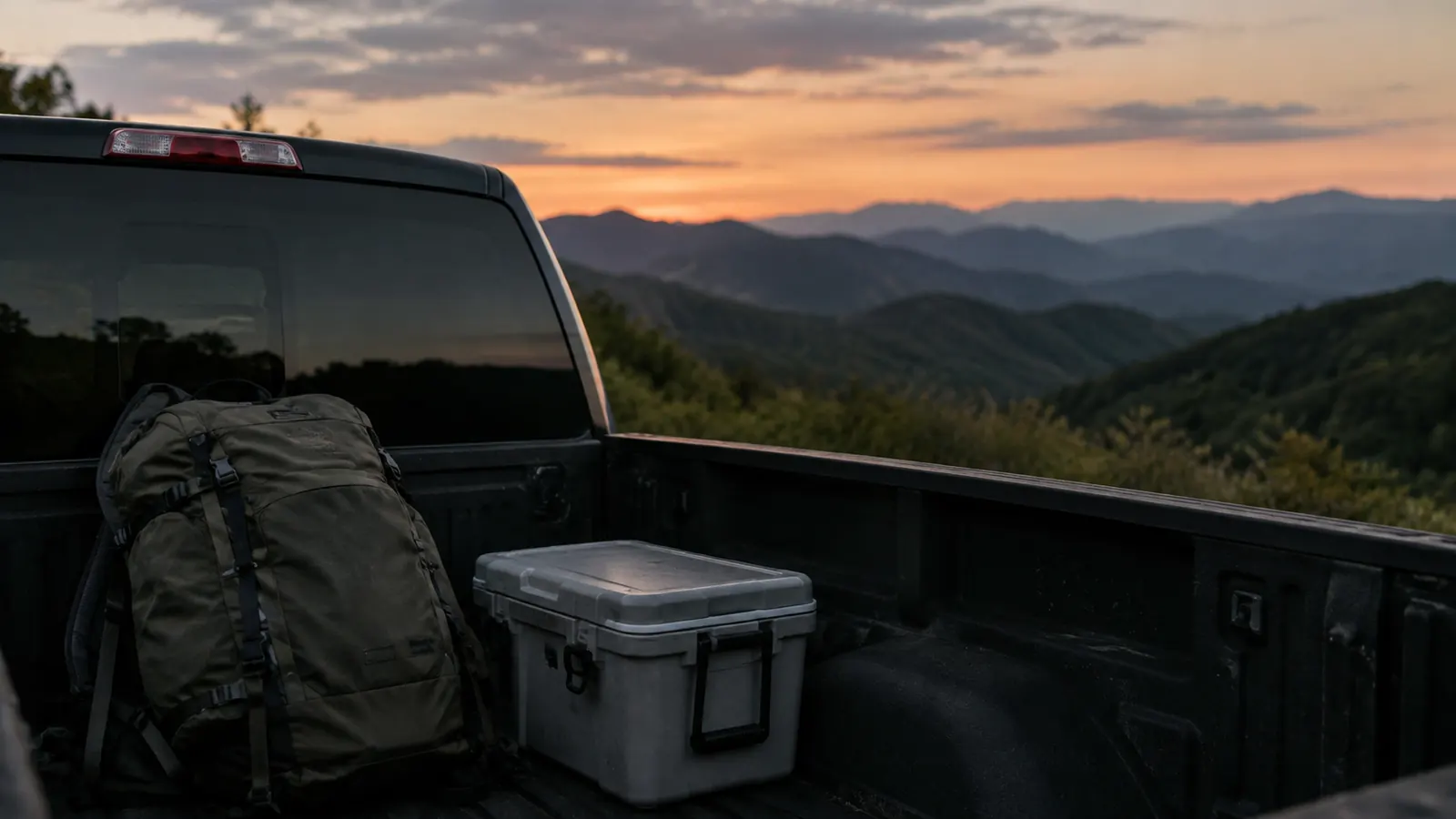 The bed of a pickup truck holding the backpack and a small cooler, Smoky Mountain foothills at dusk.