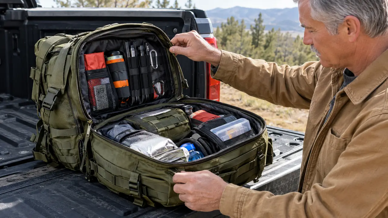 A hand unzipping a large emergency backpack laid open on a pickup tailgate to show the organized compartments inside